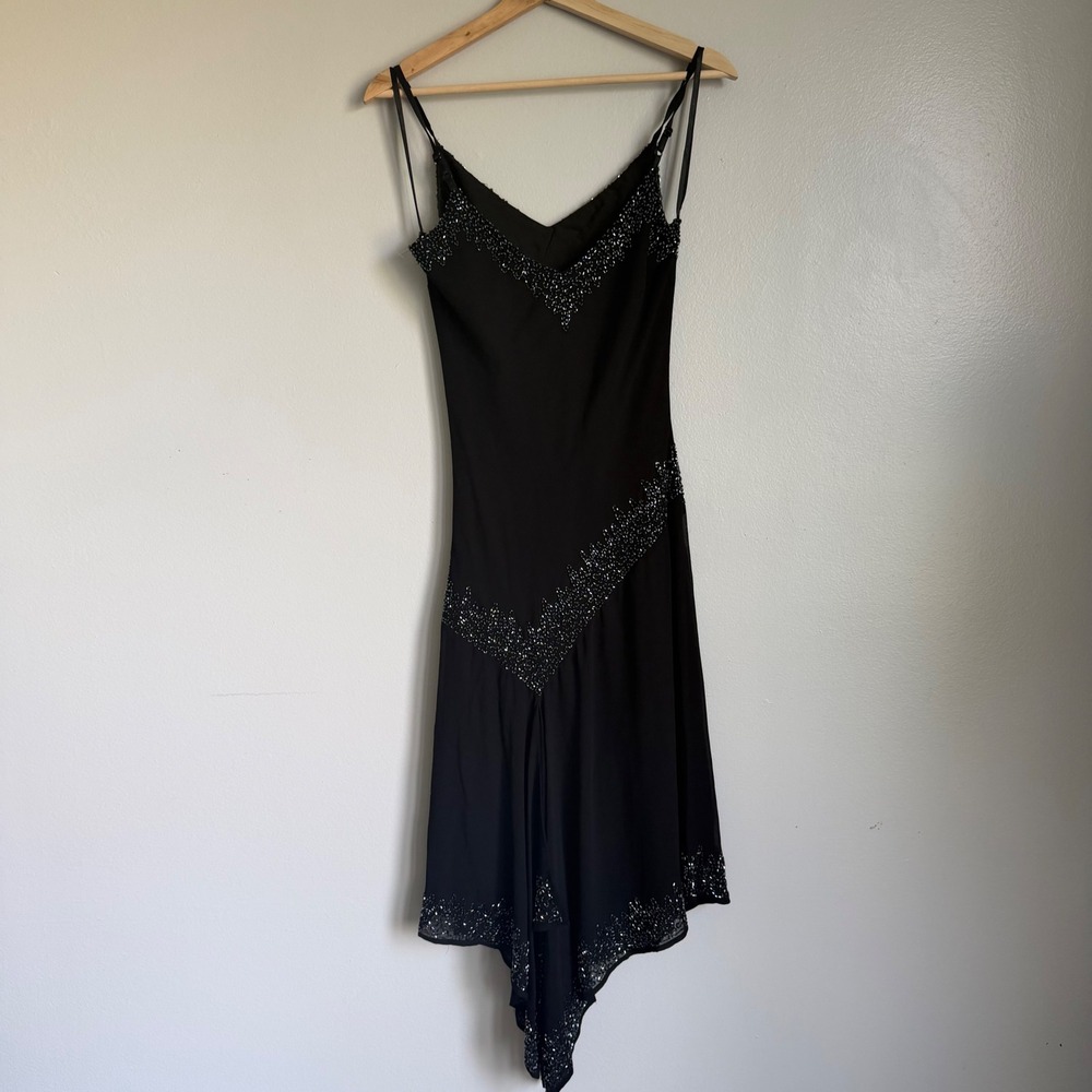 Vintage Y2K Black Beaded‎ Asymmetrical Handkerchief Hem Midi Cocktail Dress M - Picture 4 of 7